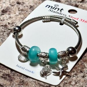 Mint Silver Stainless Steel Bracelet with Blue Beads and Seashell Charms